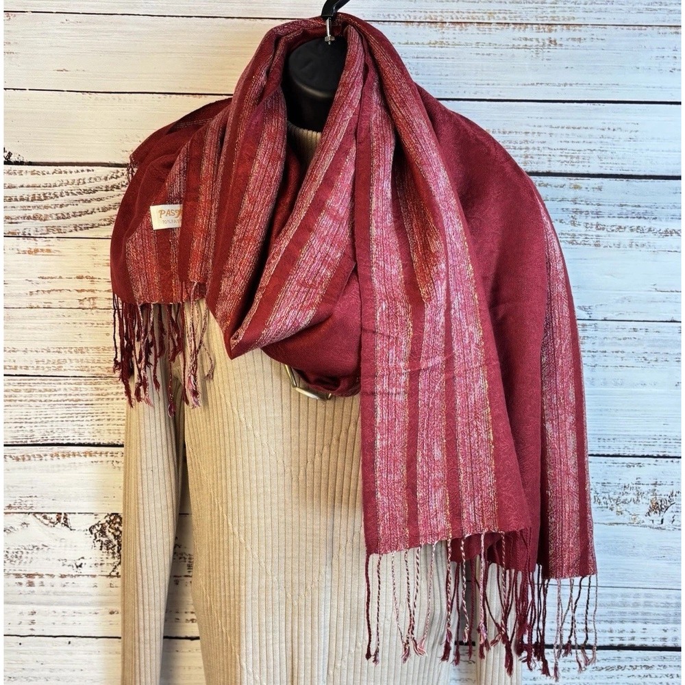 Damask Jacquard Paisley Pashmina/Silk Scarf Shawl Wrap Red Gold Stripe Boho Art